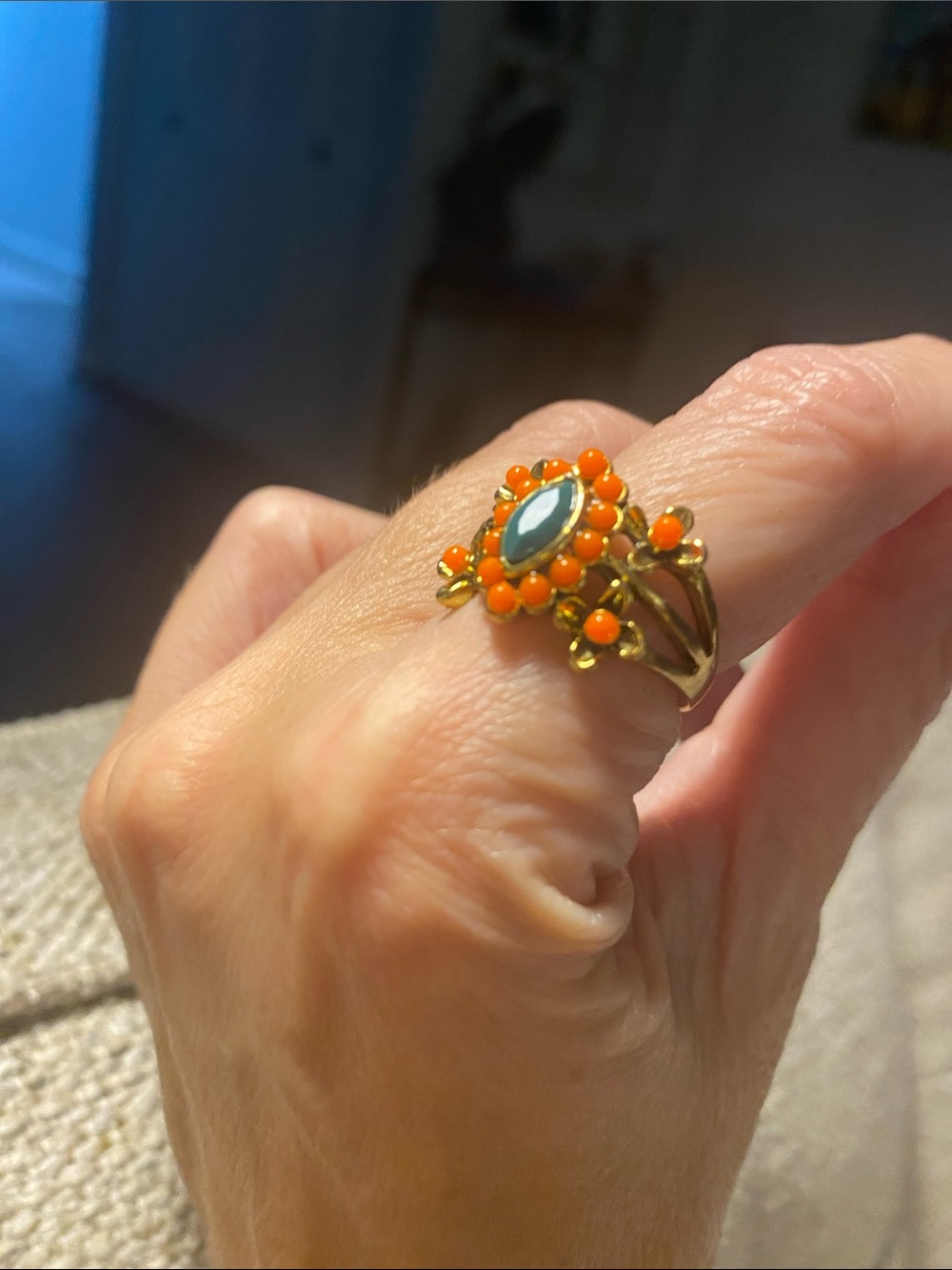 Antique Gold Floral Ring with Orange Halo and Marquise Stone